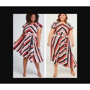 Lane Bryant Striped Belted Knit Dress Womens 26 Asymmetrical Hem Short Flared